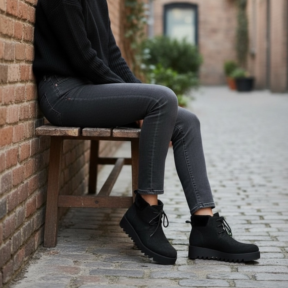 Eileen Fisher Kenille Black suede Genuine Shearling Trim Wedge Bootie size 5